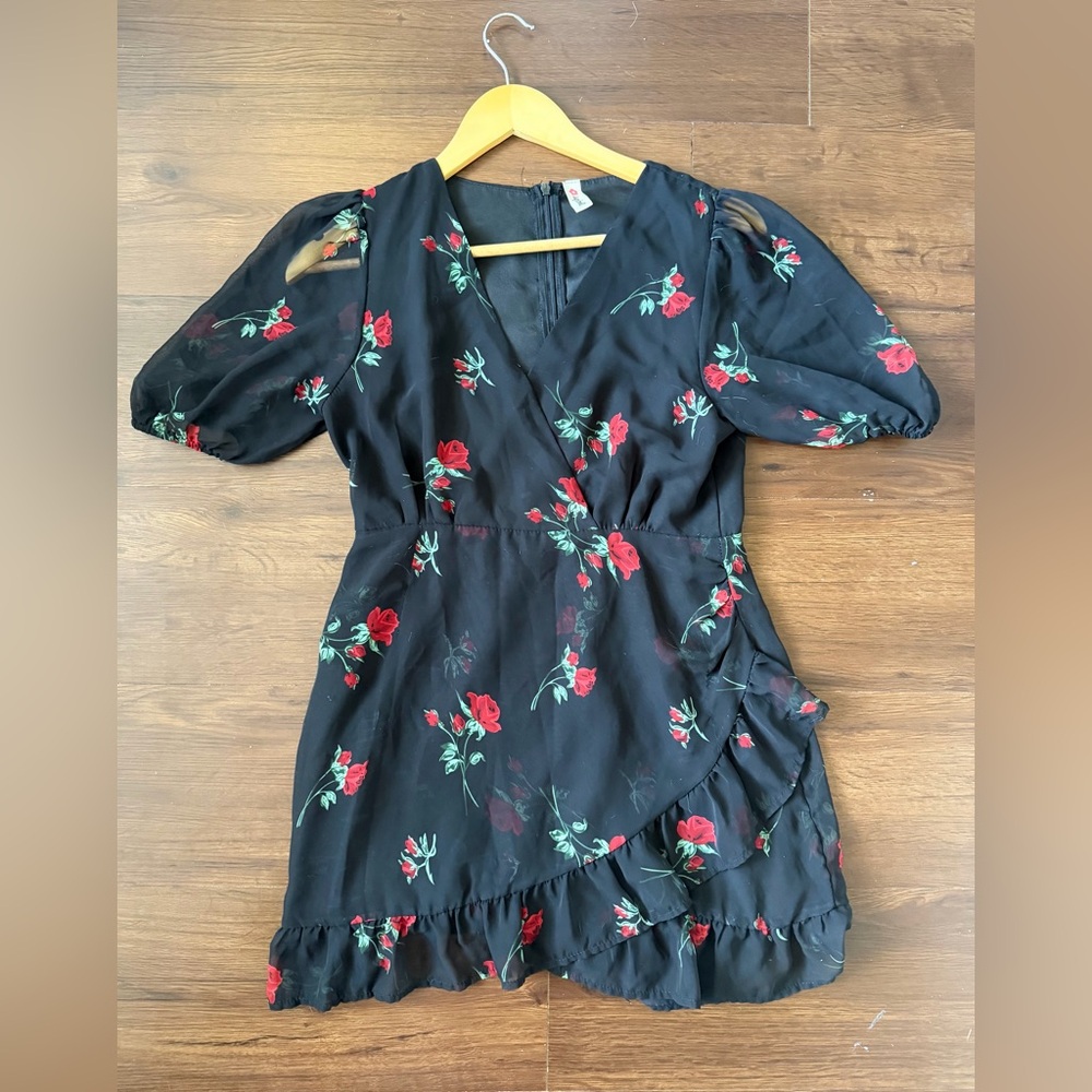 Black Floral Wrap Dress with Red Rose Print